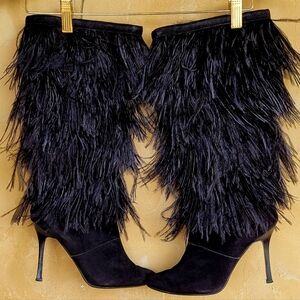 Vintage, 90s Elegant Black Feathered Stiletto Women's Boots. Suede, Size 7